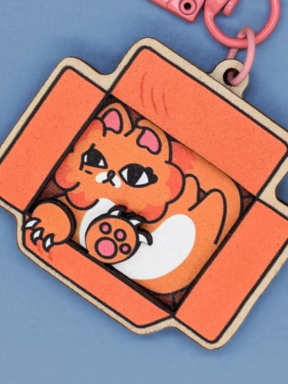 Orange Cat in Cardboard Box 3D Wooden Keychain